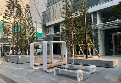 Smart Hub, Eco and Nano smart street furniture installed in a modern urban plaza in Bangkok, Thailand.